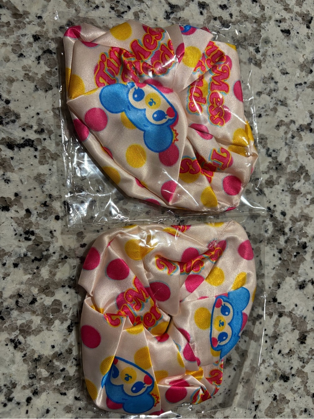 New 2 Pack Satin Polka Dot Scrunchies with Cute Character - Pink & Yellow